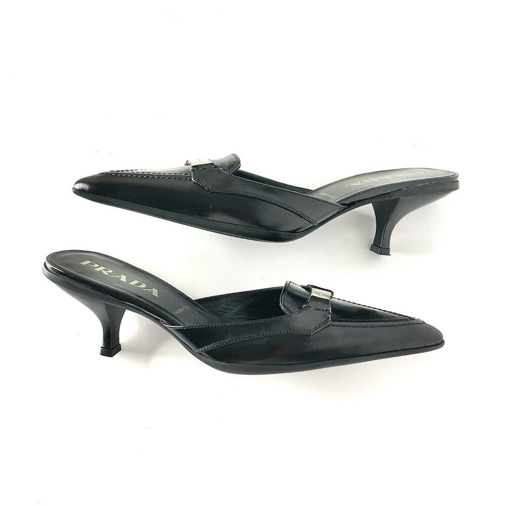 NIB Prada Logo Plaque Black Pointed Toe Kitten Heel Mules Pumps 36.5 - Picture 4 of 10